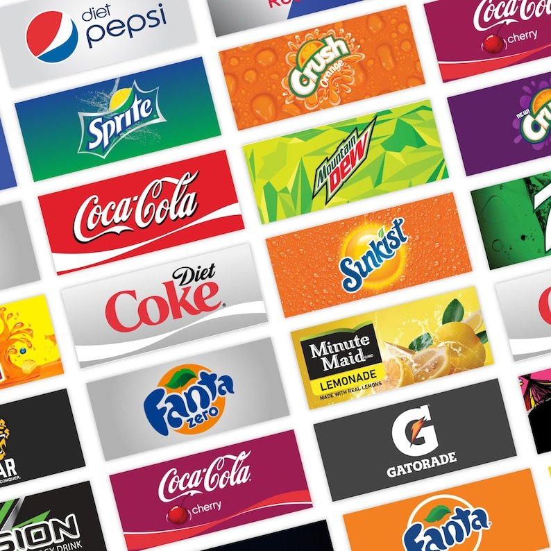 Angled view of printed soda vending machine labels.