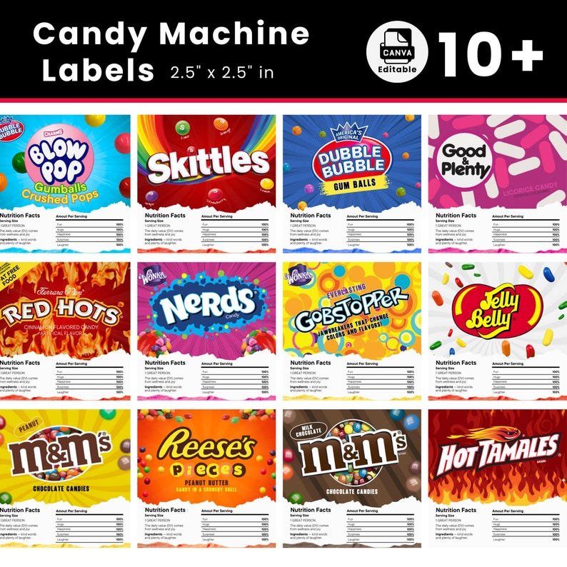 Printable candy vending machine labels with nutrition panels.