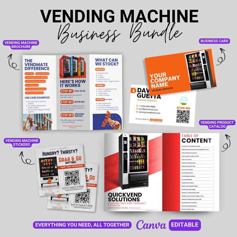 Vending machine business marketing bundle — brochure, catalog, business card and stickers.